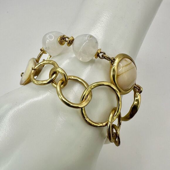 Abalone and white beaded double strand gold tone bracelet - Picture 1 of 8